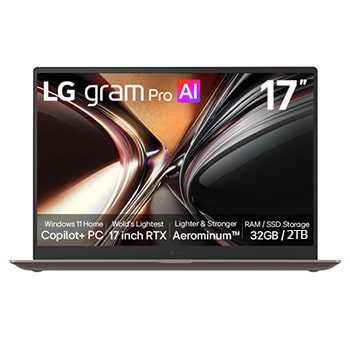 Vue avant de LG Gram Pro 17 pouces | <br>Copilot+ PC | Windows 11 Accueil <br>| Portable léger à double IA (1,74 kg) | Intel® Core™ Ultra 9, RTX™ 5050, écran tactile IPS alimentés par l’IA 17Z90UR-P