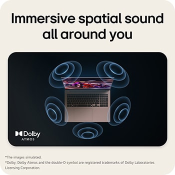 The image shows a top-down view of a laptop with a vibrant, purple-themed graphic on the screen. Surrounding the laptop are dynamic sound wave visuals, indicating an immersive audio experience. The "Dolby Atmos" logo is displayed in the bottom right corner.