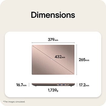 This image shows a dimensions diagram of the LG gram laptop, indicating the top view width and height, a diagonal size, and the side view showing thickness and weight.