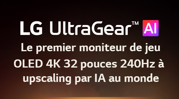 Logo IA d’UltraGear™ evo dans une pièce futuriste éclairée au néon.