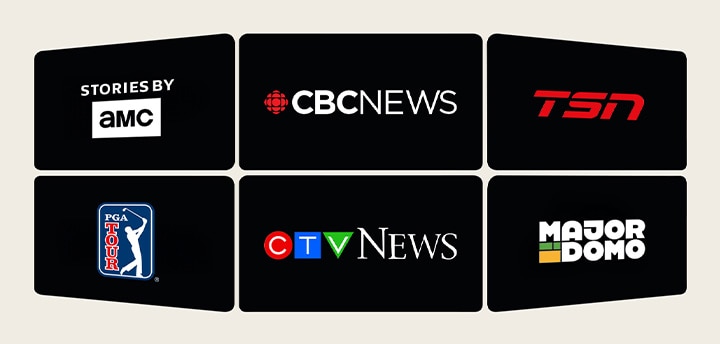Six vignettes d’émissions télévisées s’affichent à l’écran, représentant une sélection variée de LG Channels, y compris des sports, des informations, des divertissements pour enfants et des programmes de style de vie.