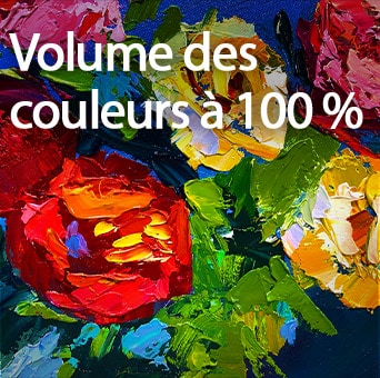 Le LG Gallery TV AI avec cadre LX7 ART TV, doté de la technologie Dynamic QNED Color, affiche un gros plan d’une œuvre picturale riche en textures, où des rouges, jaunes et verts intensifiés mettent en valeur un volume de couleur à 100 %, donnant vie à l’art. Provide your feedback on BizChat