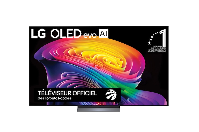 The front view of the LG OLED evo AI C6, released in 2026, displays an image of layered, multicolored forms, featuring Hyper Radiant Color Tech, Perfect Black & Perfect Color, along with the World’s No.1 OLED TV for 13 Years badge.