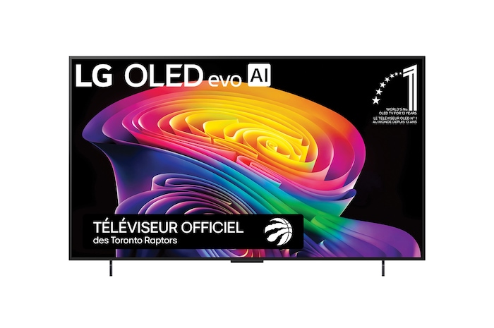 The front view of the LG OLED evo AI C6, released in 2026, displays an image of layered, multicolored forms, featuring Hyper Radiant Color Tech, Perfect Black & Perfect Color, along with the World’s No.1 OLED TV for 13 Years badge.