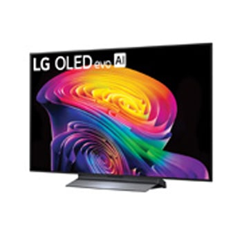 LG OLED evo AI C6 shown in front and side views highlights a 83-inch display with a 1842 mm-wide screen, an overall height of 1055 mm, and an ultra-slim 52.9 mm depth without a stand.