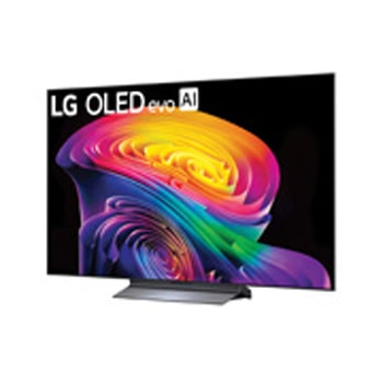 LG OLED evo AI C6 shown in front and side views highlights a 83-inch display with a 1842 mm-wide screen, an overall height of 1055 mm, and an ultra-slim 52.9 mm depth without a stand.