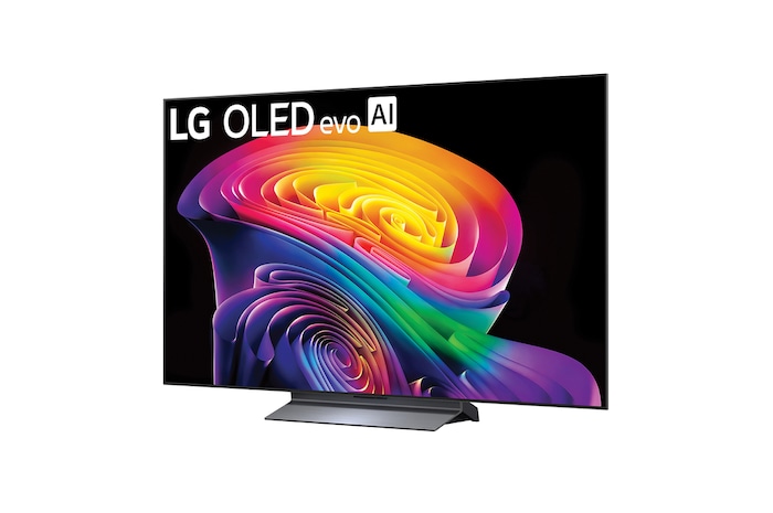 LG OLED evo AI C6 shown in front and side views highlights a 83-inch display with a 1842 mm-wide screen, an overall height of 1055 mm, and an ultra-slim 52.9 mm depth without a stand.