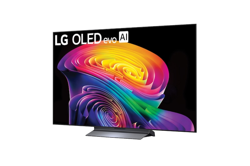LG OLED evo AI C6 shown in front and side views highlights a 83-inch display with a 1842 mm-wide screen, an overall height of 1055 mm, and an ultra-slim 52.9 mm depth without a stand.