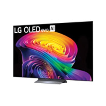 LG OLED evo AI C6 shown in front and side views highlights a 83-inch display with a 1842 mm-wide screen, an overall height of 1055 mm, and an ultra-slim 52.9 mm depth without a stand.