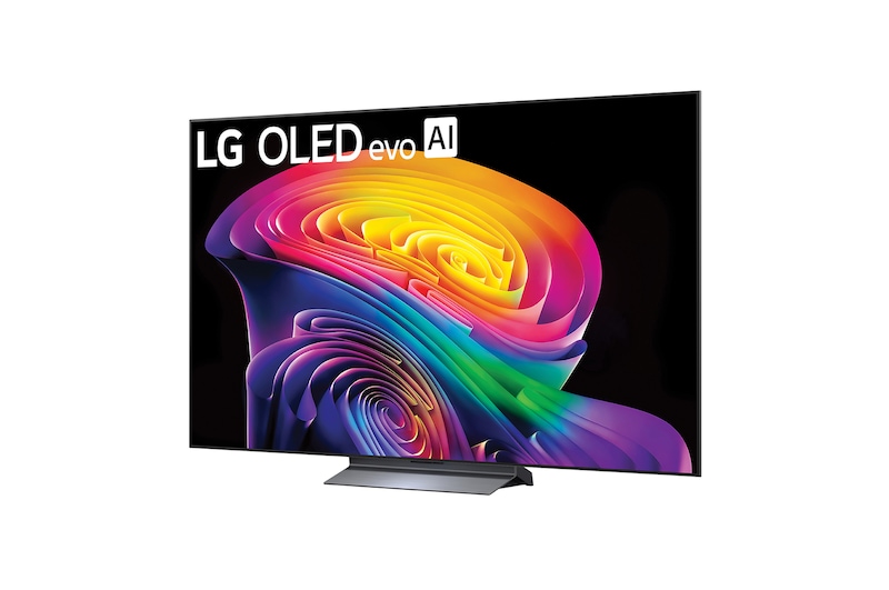 LG OLED evo AI C6 shown in front and side views highlights a 83-inch display with a 1842 mm-wide screen, an overall height of 1055 mm, and an ultra-slim 52.9 mm depth without a stand.