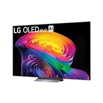 LG OLED evo AI C6 shown in front and side views highlights a 83-inch display with a 1842 mm-wide screen, an overall height of 1055 mm, and an ultra-slim 52.9 mm depth without a stand.