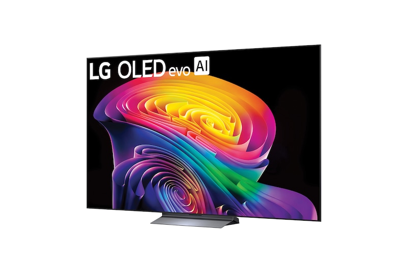 LG OLED evo AI C6 shown in front and side views highlights a 83-inch display with a 1842 mm-wide screen, an overall height of 1055 mm, and an ultra-slim 52.9 mm depth without a stand.