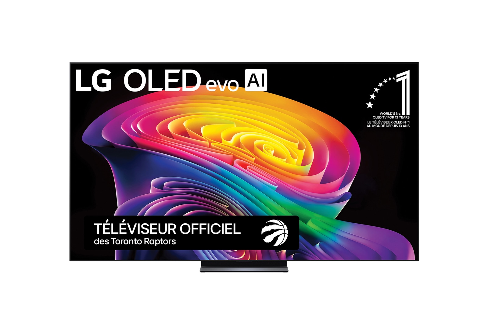 The front view of the LG OLED evo AI C6, released in 2026, displays an image of layered, multicolored forms, featuring Hyper Radiant Color Tech, Perfect Black & Perfect Color, along with the World’s No.1 OLED TV for 13 Years badge.