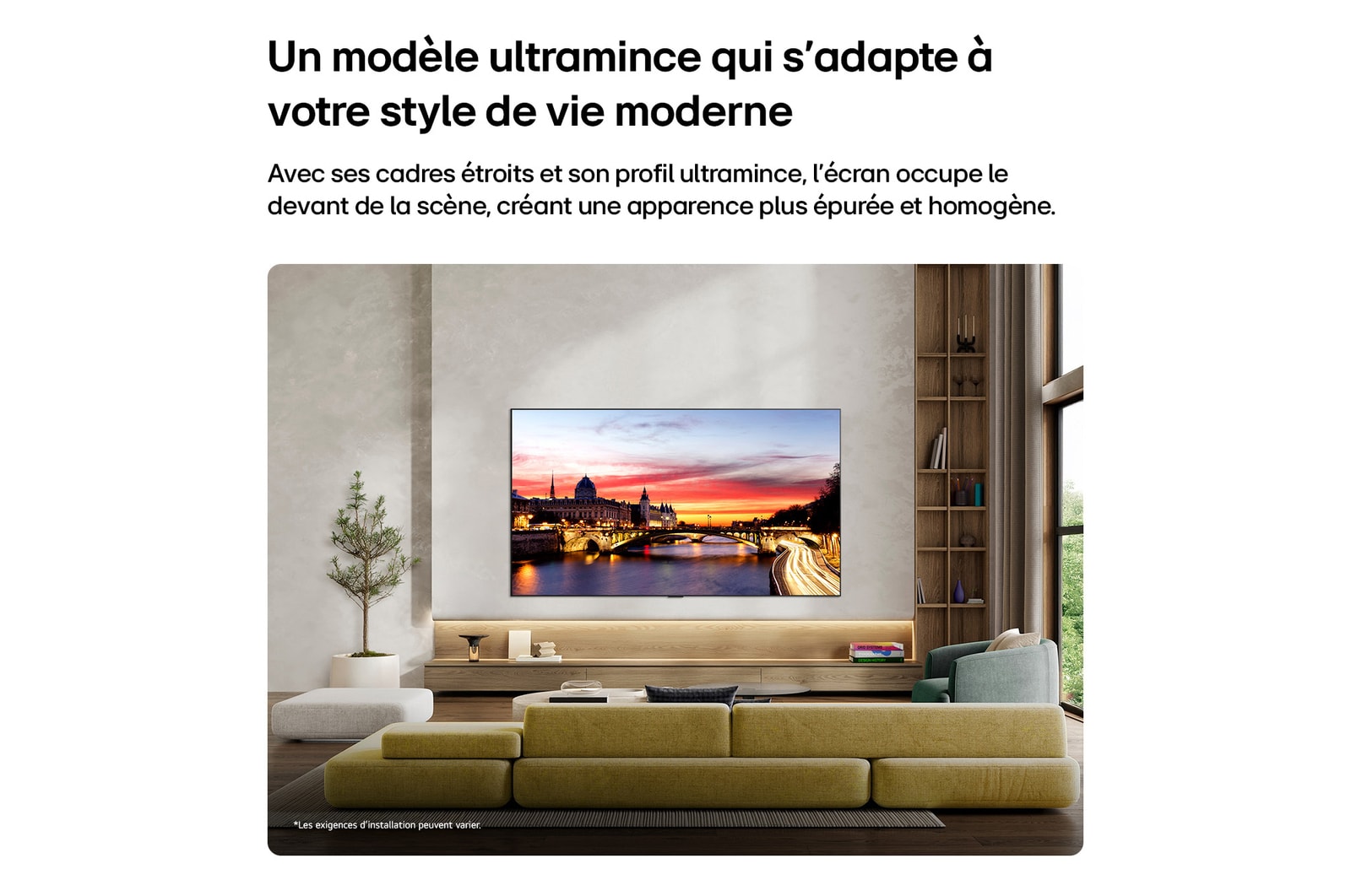 Interior of a sophisticated home. Lots of different artworks are displayed. On the center wall is an LG TV with artwork on the screen. The TV looks like a painting from a museum.