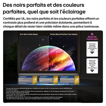 LG OLED evo AI G6 shows a split-screen planet-and-stars scene, comparing an anti-glare matte display with its Perfect Black & Perfect Color display for clearer picture quality in any light, supported by UL certification and Intertek certifications for color accuracy and Reflection-Free.