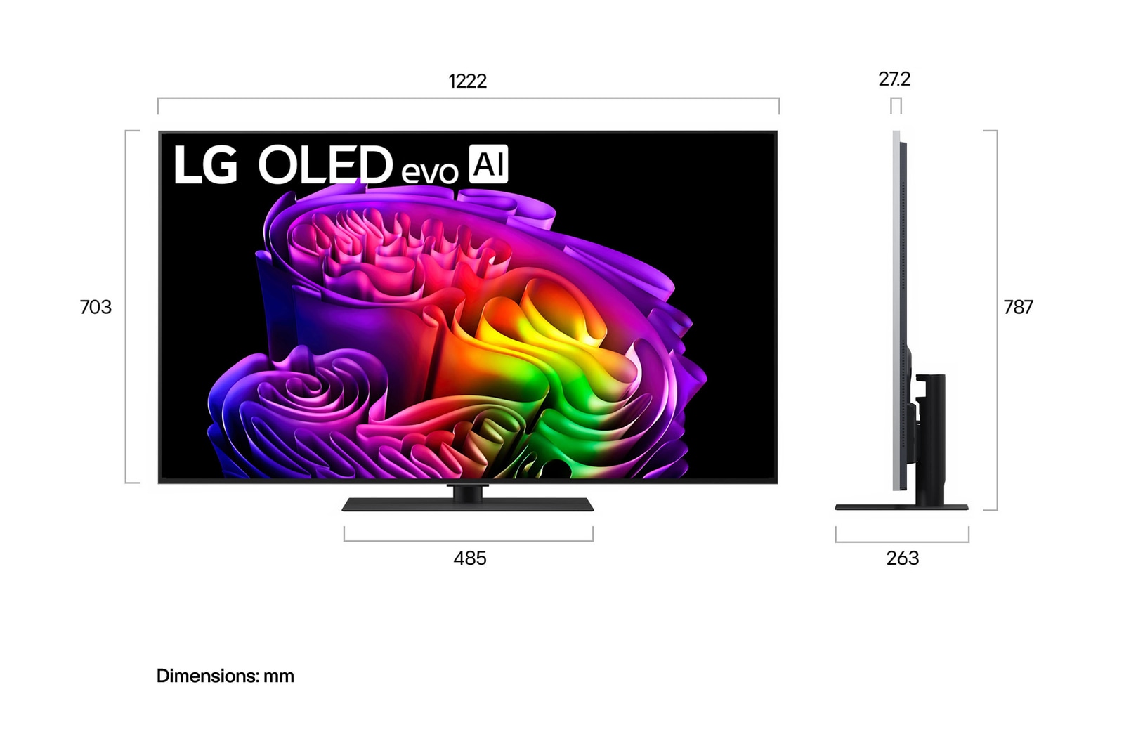 LG OLED evo AI G6 shown in front and side views highlights a 55-inch display with a 1222 mm-wide screen, 703 mm screen height, 787 mm height with stand, a 27.2 mm depth, and a stand footprint measuring 485 by 263 mm.