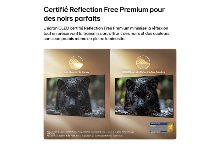 LG OLED evo AI G6 with Reflection Free Premium shows a side-by-side comparison against an anti-glare matte display, keeping the black jaguar image clear with deep blacks and fine texture, especially in bright environments, with an Intertek certification mark shown.