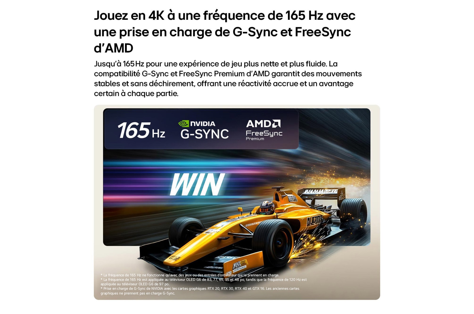 LG OLED evo AI G6 for Unbeatable Gameplay in 4K 165Hz shows a high-speed racing game with a yellow open-wheel car in motion, bold “WIN” text on screen, and NVIDIA G-SYNC and AMD FreeSync Premium logos at the top.