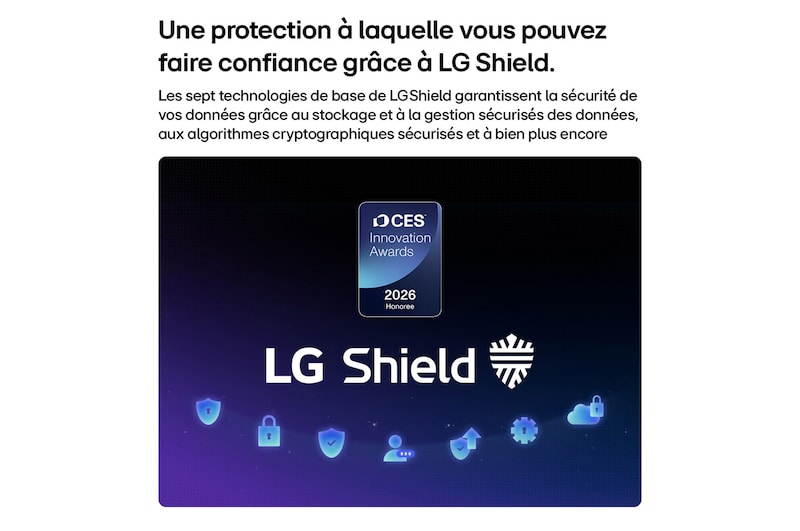 LG Shield, applied to LG OLED evo AI G6, is shown with an LG Shield logo at the center, security icons below, and a 2026 CES Innovation Awards Honoree badge above, representing data and system protection.