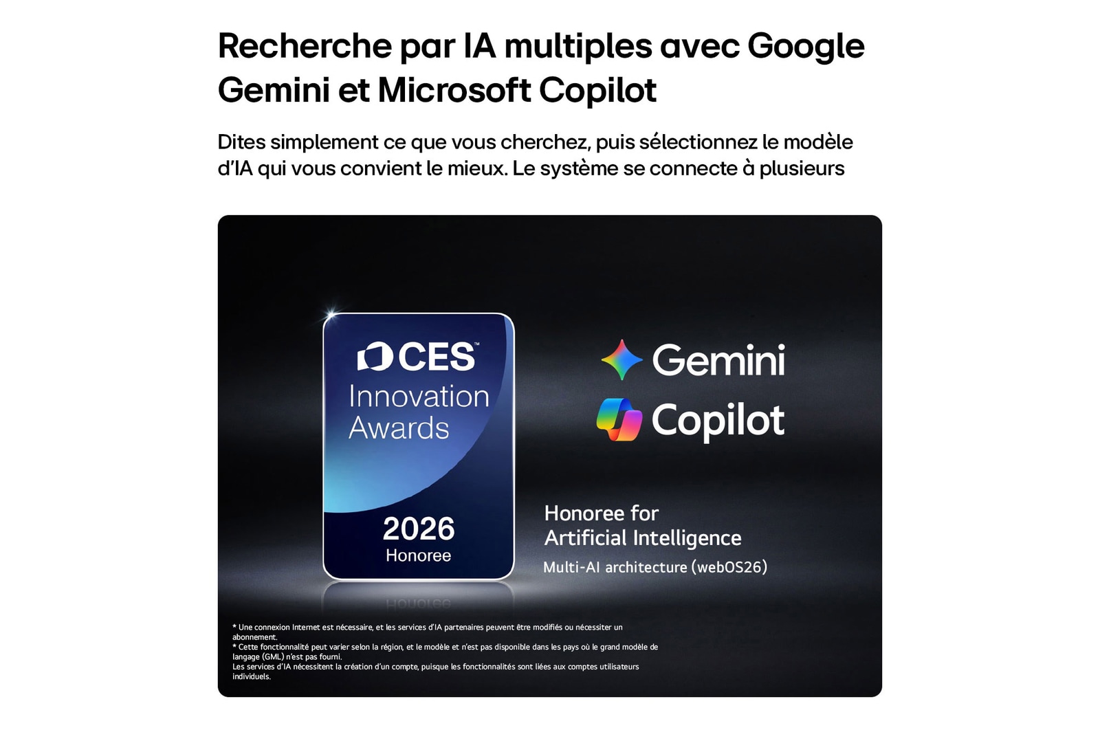 The 2026 CES Innovation Awards Honoree badge in the Artificial Intelligence category recognizes Multi-AI search with Google Gemini and Microsoft Copilot.
