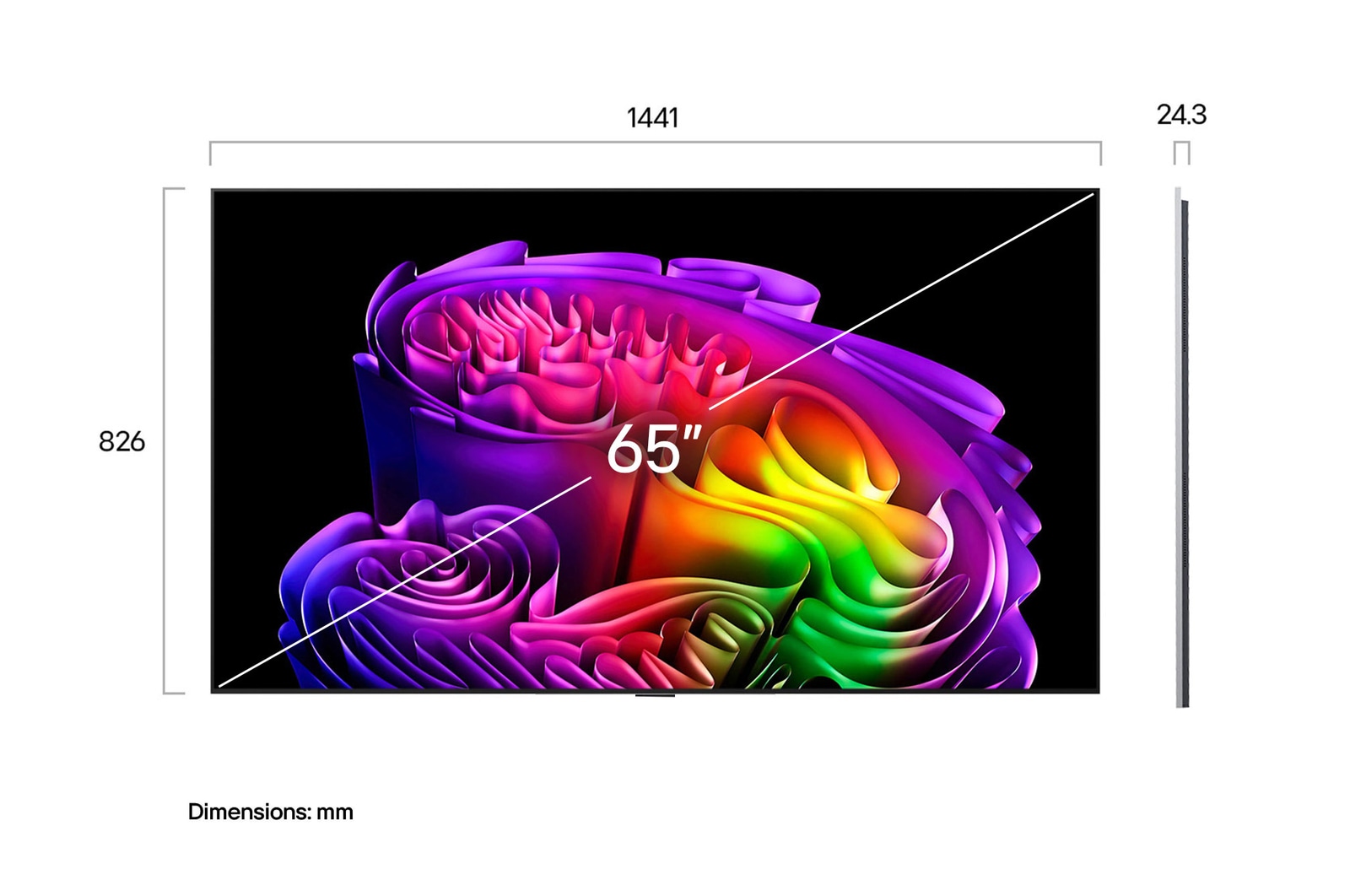LG OLED evo AI G6 shown in front and side views highlights a 65-inch display with a 1441 mm-wide screen, 826 mm screen height, 910 mm height with stand, a 24.3 mm depth, and a stand footprint measuring 485 by 263 mm.