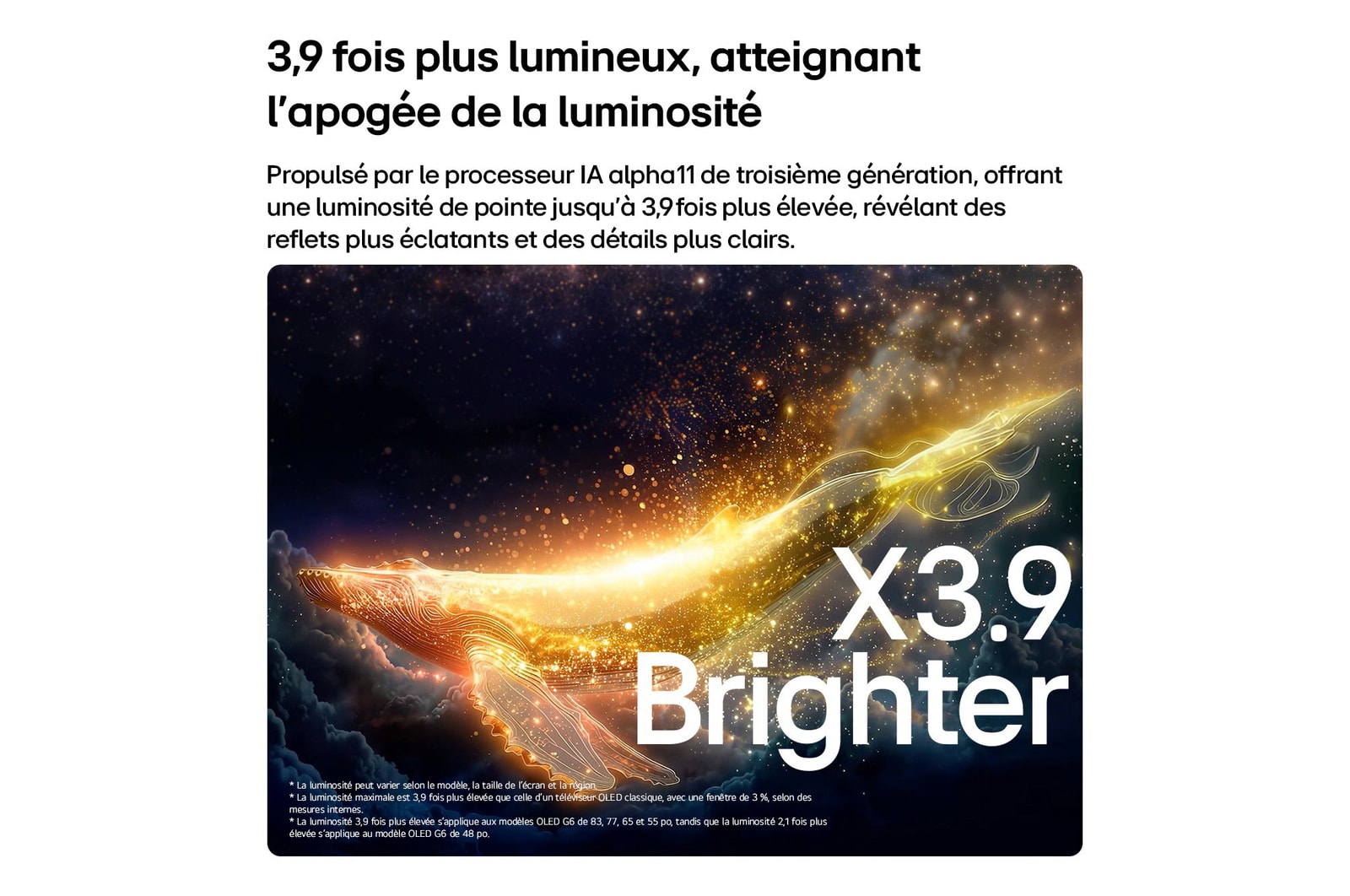 LG OLED evo AI G6 with Brightness Booster Ultra shows a dark scene where a brightly illuminated whale silhouette stands out amid glowing particles, delivering 3.9x Brighter luminance with clearer detail.