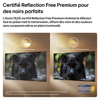 LG OLED evo AI G6 with Reflection Free Premium shows a side-by-side comparison against an anti-glare matte display, keeping the black jaguar image clear with deep blacks and fine texture, especially in bright environments, with an Intertek certification mark shown.