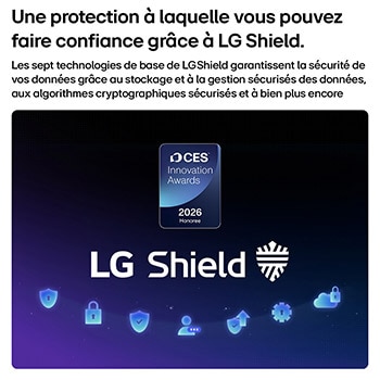 LG Shield, applied to LG OLED evo AI G6, is shown with an LG Shield logo at the center, security icons below, and a 2026 CES Innovation Awards Honoree badge above, representing data and system protection.