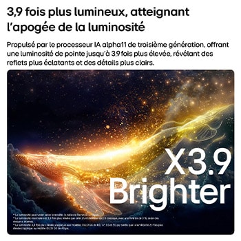 LG OLED evo AI G6 with Brightness Booster Ultra shows a dark scene where a brightly illuminated whale silhouette stands out amid glowing particles, delivering 3.9x Brighter luminance with clearer detail.