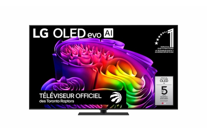 The front view of LG OLED evo AI G6, released in 2026, features a slim black bezel, with a vivid, sculptural image of richly layered, multicolored forms filling the screen.