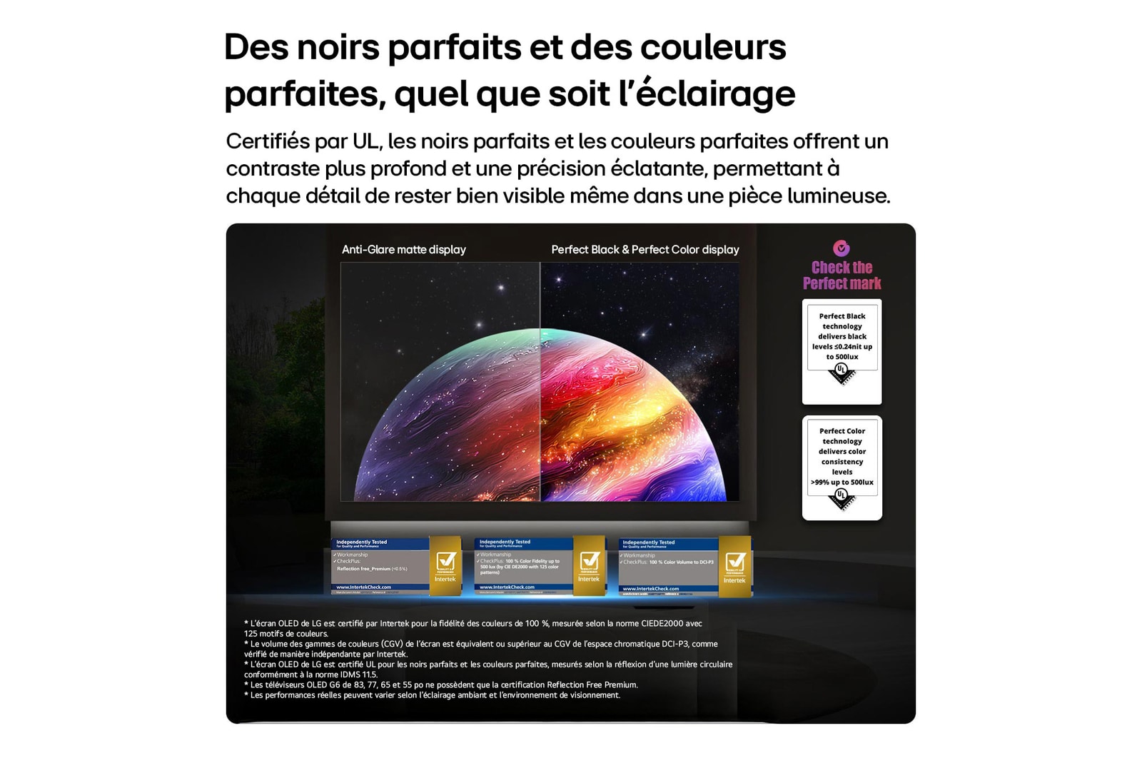 LG OLED evo AI G6 shows a split-screen planet-and-stars scene, comparing an anti-glare matte display with its Perfect Black & Perfect Color display for clearer picture quality in any light, supported by UL certification and Intertek certifications for color accuracy and Reflection-Free.