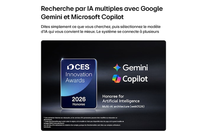 The 2026 CES Innovation Awards Honoree badge in the Artificial Intelligence category recognizes Multi-AI search with Google Gemini and Microsoft Copilot.