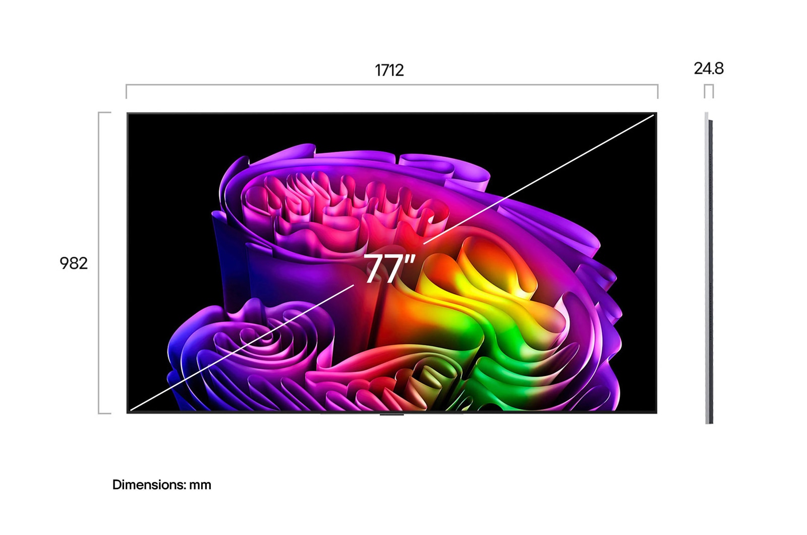 LG OLED evo AI G6 shown in front and side views highlights a 77-inch display with a 1712 mm-wide screen, 982 mm screen height, 1039 mm height with stand, a 24.8 mm depth, and a stand footprint measuring 501 by 321 mm.