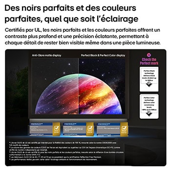 LG OLED evo AI G6 shows a split-screen planet-and-stars scene, comparing an anti-glare matte display with its Perfect Black & Perfect Color display for clearer picture quality in any light, supported by UL certification and Intertek certifications for color accuracy and Reflection-Free.
