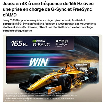 LG OLED evo AI G6 for Unbeatable Gameplay in 4K 165Hz shows a high-speed racing game with a yellow open-wheel car in motion, bold “WIN” text on screen, and NVIDIA G-SYNC and AMD FreeSync Premium logos at the top.