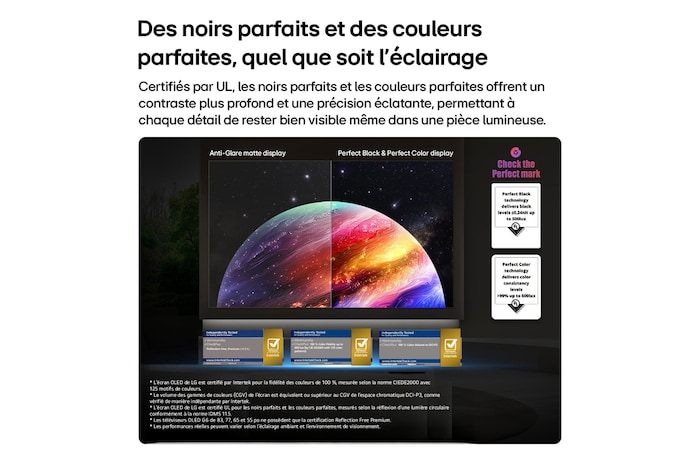 LG OLED evo AI G6 shows a split-screen planet-and-stars scene, comparing an anti-glare matte display with its Perfect Black & Perfect Color display for clearer picture quality in any light, supported by UL certification and Intertek certifications for color accuracy and Reflection-Free.