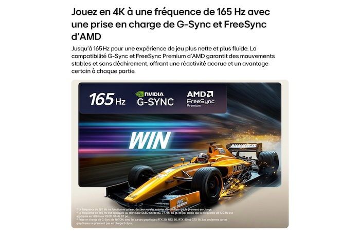 LG OLED evo AI G6 for Unbeatable Gameplay in 4K 165Hz shows a high-speed racing game with a yellow open-wheel car in motion, bold “WIN” text on screen, and NVIDIA G-SYNC and AMD FreeSync Premium logos at the top.