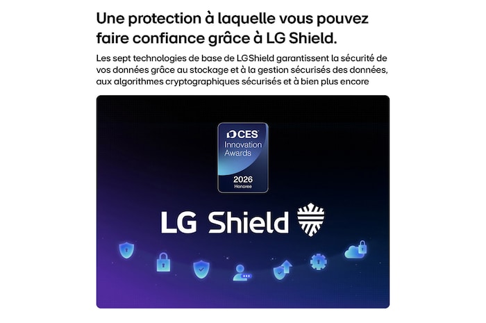 LG Shield, applied to LG OLED evo AI G6, is shown with an LG Shield logo at the center, security icons below, and a 2026 CES Innovation Awards Honoree badge above, representing data and system protection.