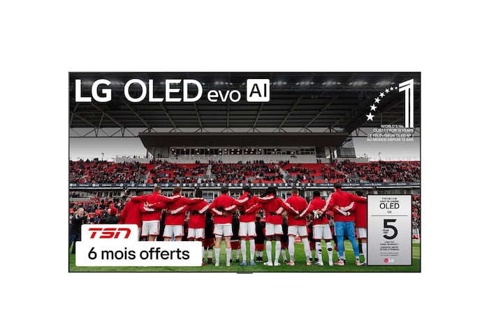 The front view of LG OLED evo AI G6, released in 2026, features a slim black bezel, with a vivid, sculptural image of richly layered, multicolored forms filling the screen.