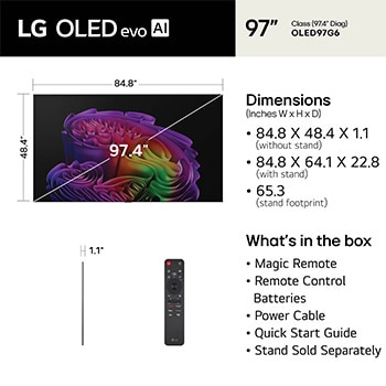 LG OLED evo AI G6 shown in front and side views highlights an 83-inch display with a 1847 mm-wide screen, 1057 mm screen height, 1115 mm height with stand, a 28 mm depth, and a stand footprint measuring 501 by 321 mm.