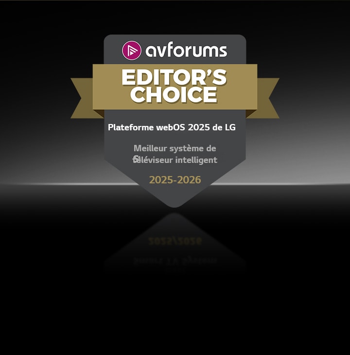 The AVForums Editor’s Choice badge is shown on a dark background for LG webOS 25, named Best Smart TV System 2025/2026.