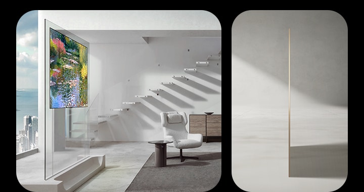 Le LG OLED evo W6 est présenté sous deux angles : l’un monté sur une cloison en verre transparent affichant une peinture, et l’autre en profil latéral mettant en valeur sa minceur.