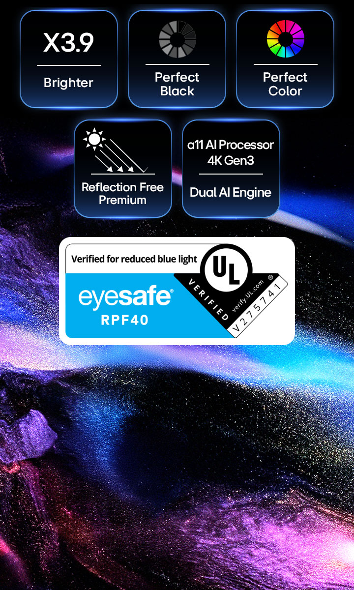 Le LG OLED evo W6 affiche des icônes techniques pour X3,9 OLED plus lumineux, Noir et Couleurs Parfaits, et Dual AI Engine au-dessus d’une explosion cosmique de couleurs violettes et bleues, mettant en valeur ses performances d’affichage avancées.