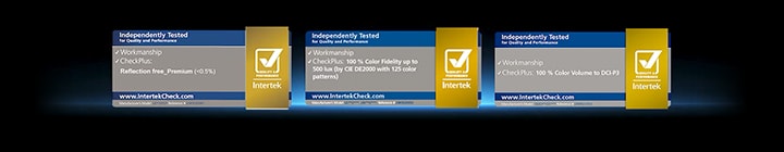 Une image présentant les certifications testées par Intertek pour le LG OLED evo W6, incluant Reflection Free Premium, une fidélité des couleurs à 100 % jusqu’à 500 lux, et un volume de couleur à 100 % selon DCI-P3.
