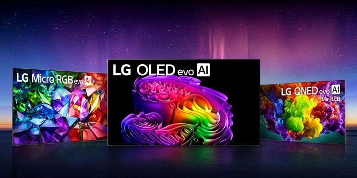 La gamme de téléviseurs LG montre des différences de qualité d’image entre LG OLED evo AI, LG Micro RGB evo AI et LG QNED evo AI Mini LED, chacune affichant des visuels abstraits lumineux et richement détaillés sur un fond sombre.