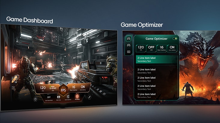 La télévision LG avec tableau de bord de jeu et optimiseur affiche des écrans de jeu côte à côte ainsi qu’un menu à l’écran pour ajuster les paramètres de jeu tels que le taux de rafraîchissement, la latence et les modes visuels en temps réel.