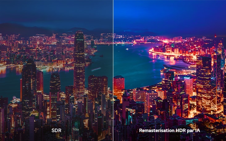 La télévision LG avec remastering IA HDR est présentée dans une comparaison de paysages urbains divisés, avec SDR à gauche et AI HDR Remastering à droite, affichant des lumières urbaines plus vives, un contraste plus marqué et des détails plus vifs sur la scène.