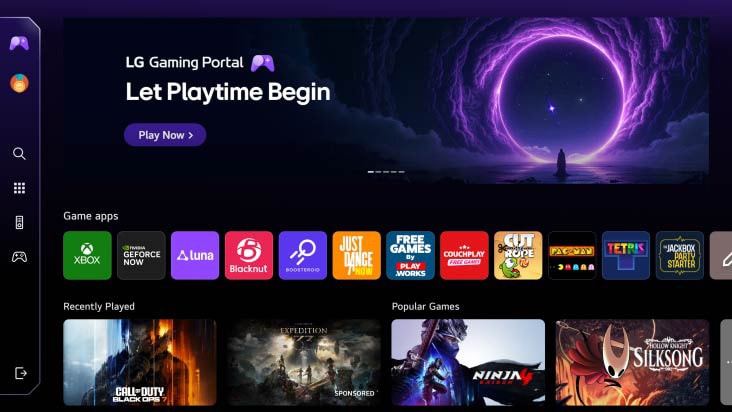 Le téléviseur LG AI affiche le portail de jeu LG sur l’écran webOS, présentant une plateforme de jeu avec une interface simplifiée qui donne accès à de multiples applications de jeu via des services de jeu en nuage tels que NVIDIA GeForce NOW et les applications webOS.