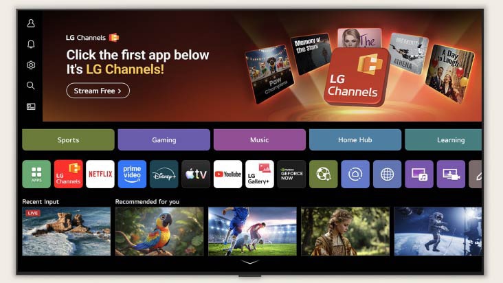 L’écran d’accueil du téléviseur LG AI donne accès à l’interface LG Channels, offrant des chaînes de télévision en direct gratuites, des films et du contenu exclusif. La vidéo met en avant l'accès direct à des centaines d'options de divertissement.