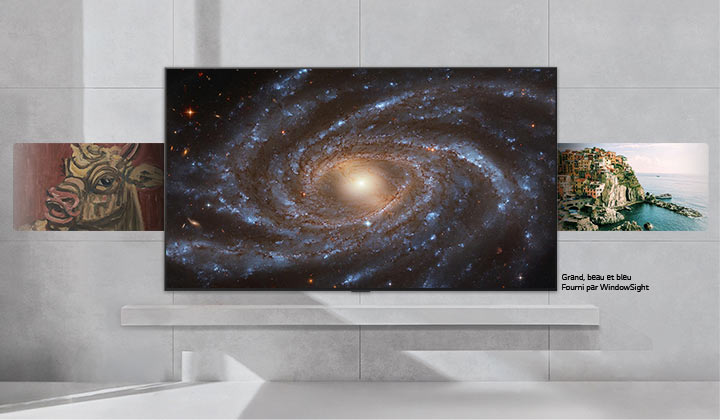 LG ART TV avec LG Gallery+ présente des œuvres sélectionnées — visuels sur le thème spatial, peintures de style coréen et paysages pittoresques — qui défilent chaque œuvre à l’écran.
